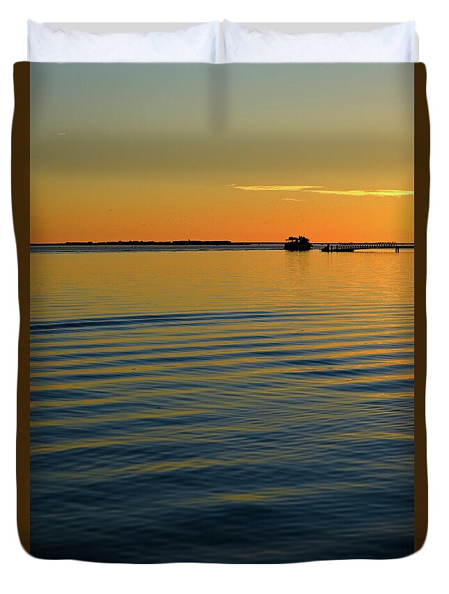 Ria Formosa Duvet Cover featuring the photograph Boat and dock at dusk by Angelo DeVal