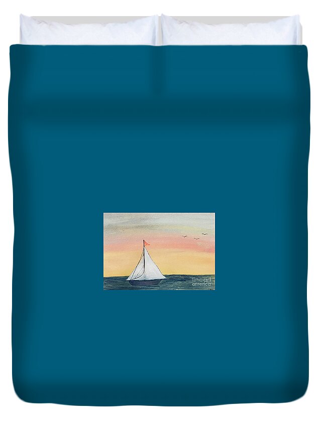 Sailboat Duvet Cover featuring the painting Boat at Sunset by Lisa Neuman