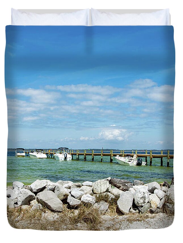Rock Duvet Cover featuring the photograph Boat Dock on the Sound by Beachtown Views