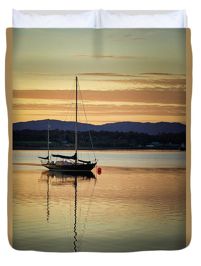 Blue Duvet Cover featuring the photograph Boat On A Lake at Sunset by Rick Deacon