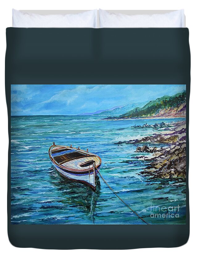 Beach And Waves Duvet Cover featuring the painting Boat by Sinisa Saratlic