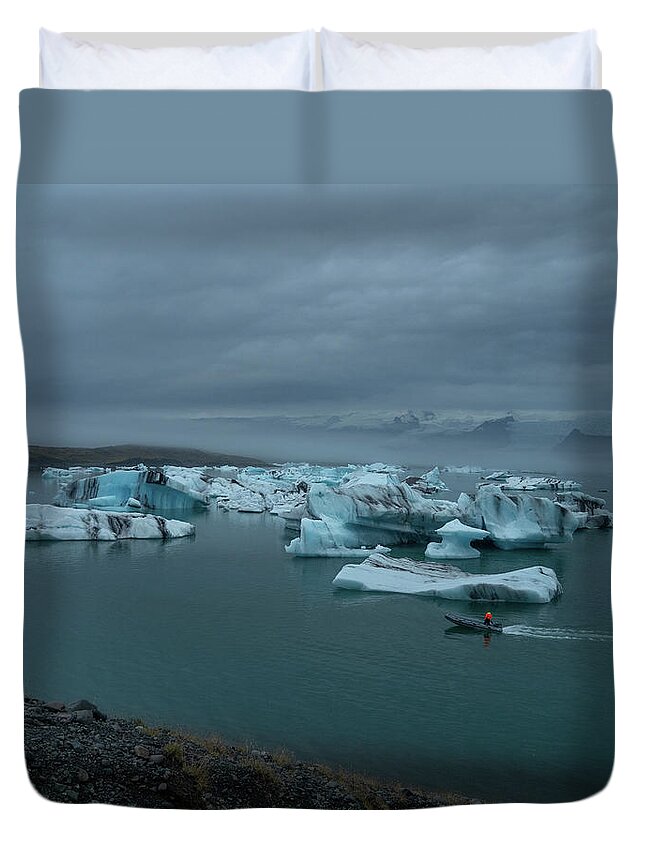 Travel Duvet Cover featuring the photograph Boater On Jokulsarlon by Kristia Adams