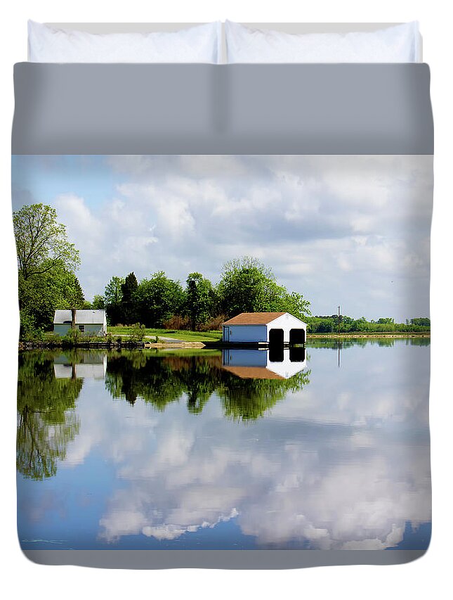 Blackwater River Duvet Cover featuring the photograph Boathouse Reflected in River on a Beautiful Day by Charles Floyd