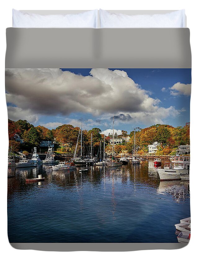 Maine Duvet Cover featuring the photograph Boats in Maine Harbor by Jon Glaser