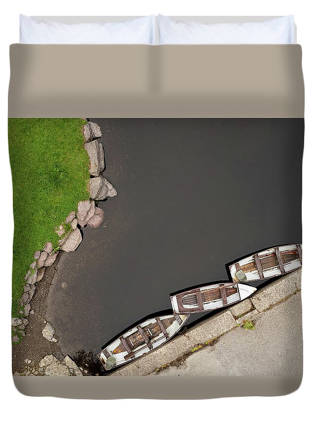 Minimal Duvet Cover featuring the photograph Drone aerial of Boats on the river in a lake by Michalakis Ppalis