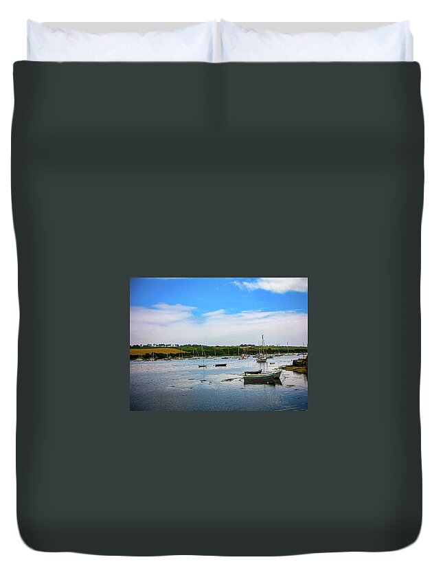 Brittany Duvet Cover featuring the photograph Boats under a blue sky by Jim Feldman