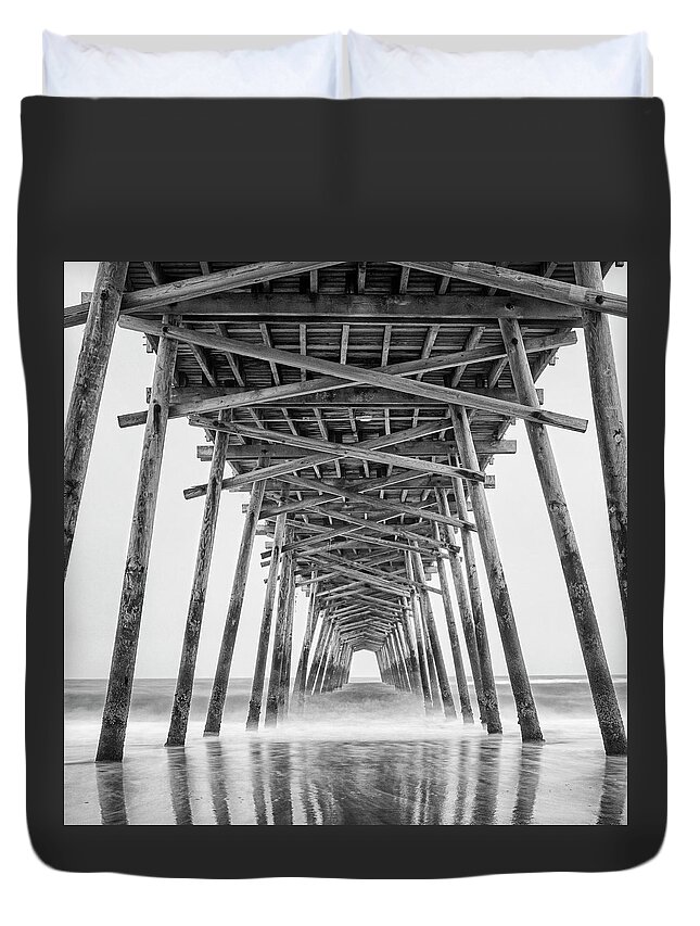 Bogue Inlet Duvet Cover featuring the photograph Bogue Inlet Fishing Pier on a Foggy Evening by Bob Decker