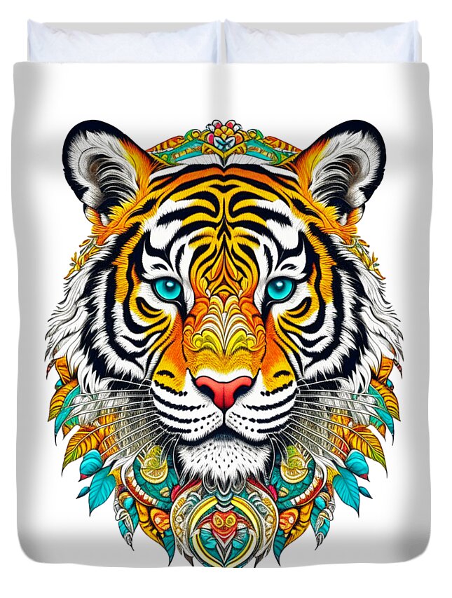 Tiger Duvet Cover featuring the digital art Boho Bohemian Hippie Tiger by Peter Ogden Gallery