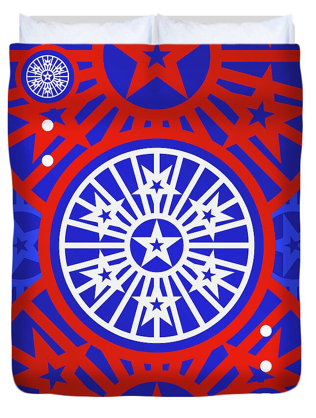 Abstract Duvet Cover featuring the mixed media Bold Primary Geometric Glyph Art in Red White and Blue n.0279 by Holy Rock Design