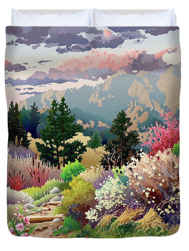 Serigraph Duvet Cover featuring the digital art Bolder Boulder 10K Poster 2007 by Anne Gifford
