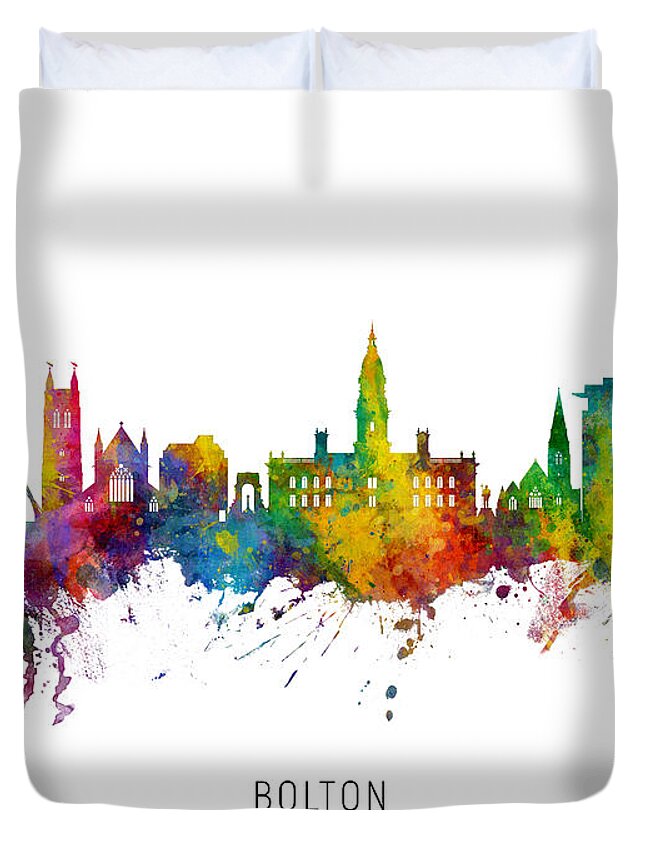 Bolton Duvet Cover featuring the digital art Bolton England Skyline by Michael Tompsett