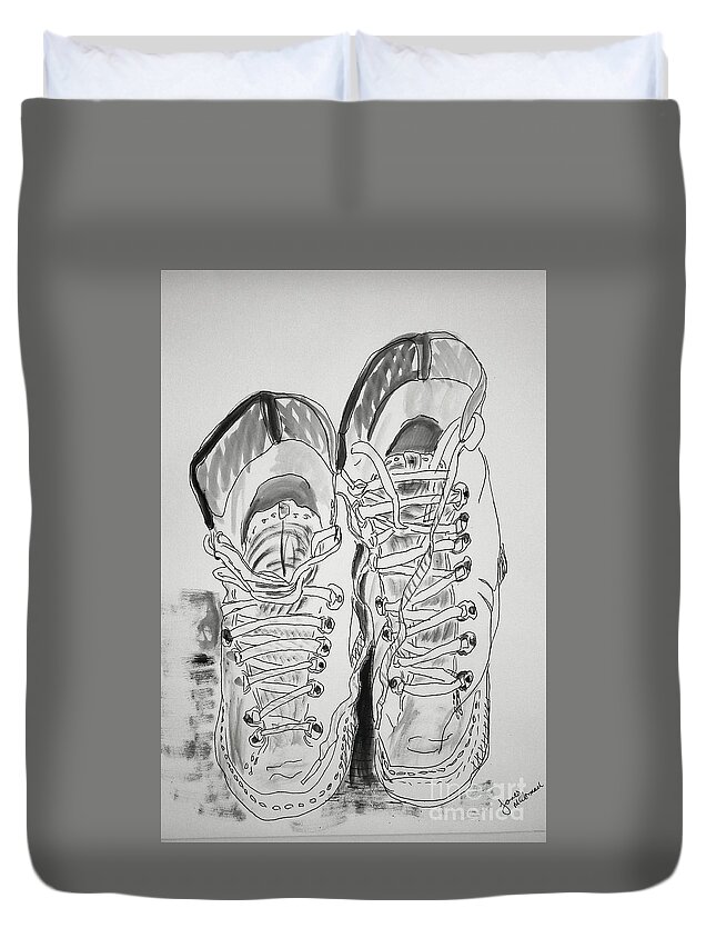 Boots In Black And White Duvet Cover featuring the drawing Boots In Black And White by James McCormack