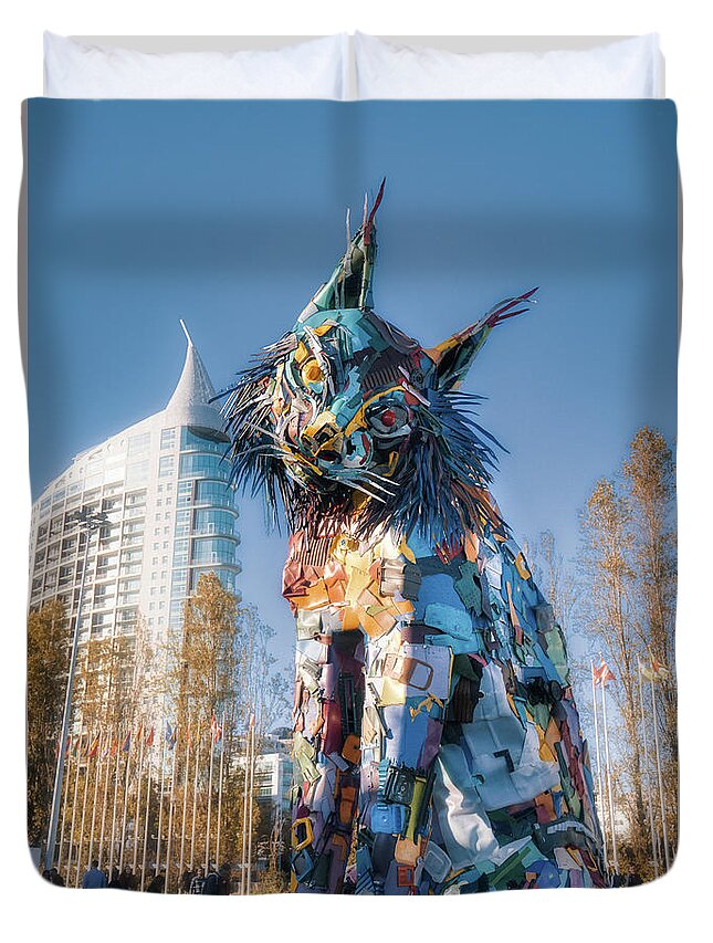 Plastic Duvet Cover featuring the photograph Bordalo II Oriente's Cat by Micah Offman