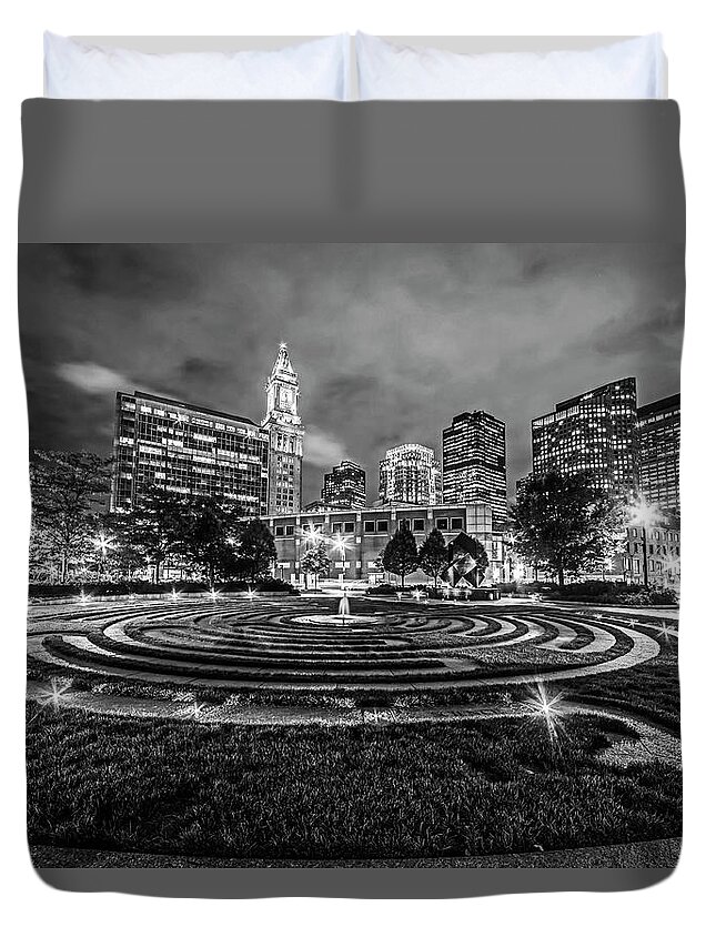 Boston Duvet Cover featuring the photograph Boston Armenian Heritage Park Sculpture Boston MA Skyline Black and White by Toby McGuire