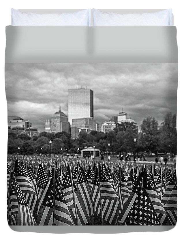 Boston Duvet Cover featuring the photograph Boston Common Memorial Day Flags Dramatic Sky Boston Massachusetts Black and White by Toby McGuire