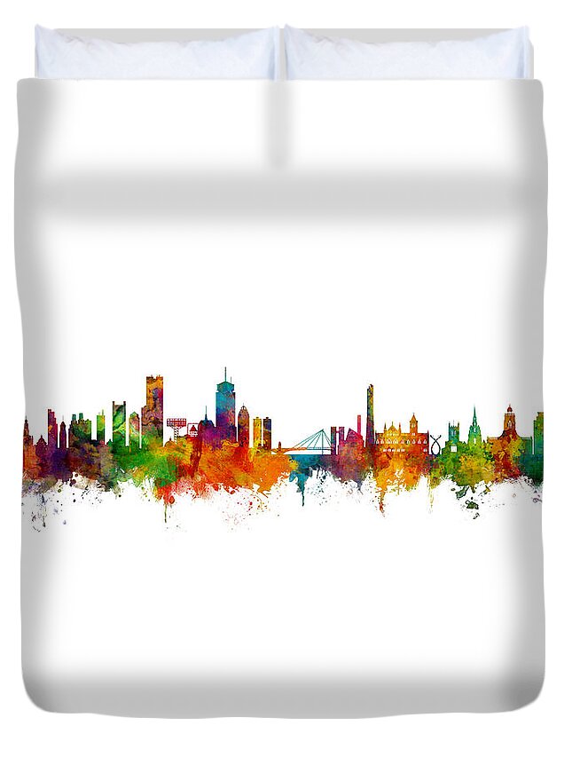 Boston Duvet Cover featuring the digital art Boston MA and Northampton UK Skyline Mashup by Michael Tompsett
