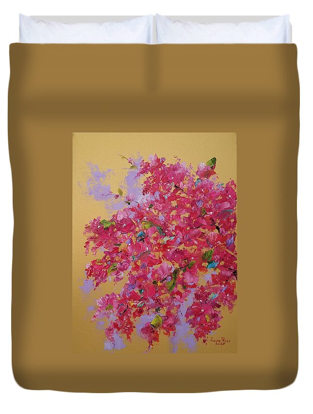 Bougainvillea Duvet Cover featuring the painting Bougainvillea on Gold by Judith Rhue