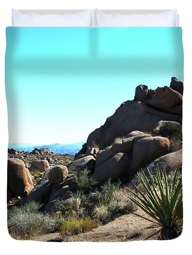 Joshua Tree Duvet Cover featuring the photograph Boulders and Palms of Joshua Tree by Lorraine Devon Wilke