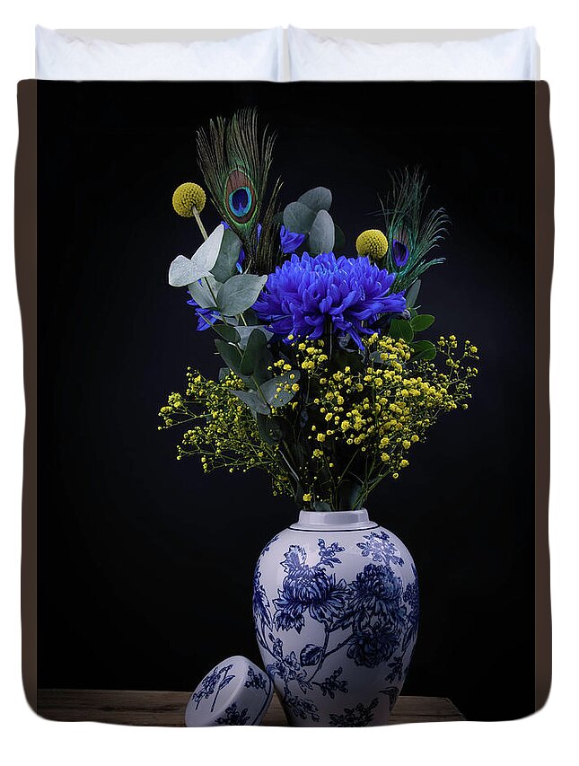 Stillife With Flowers Duvet Cover featuring the digital art Bouquet in the color of Vermeer by Marjolein Van Middelkoop