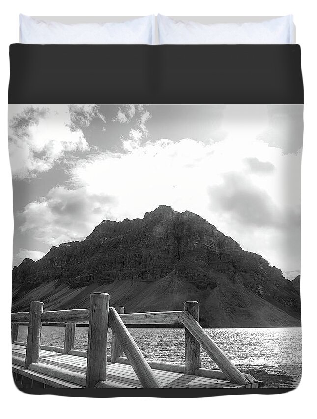 Bow Lake Bridge Sunflare Duvet Cover featuring the photograph Bow Lake Bridge Black And White by Dan Sproul