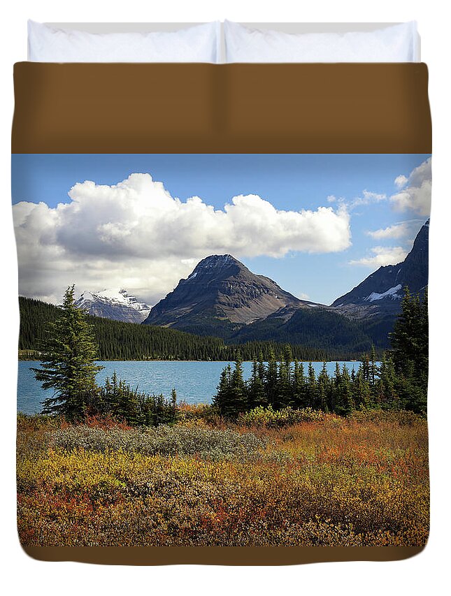 Autumn Colors In The Canadian Rockies Duvet Cover featuring the photograph Bow Lake In Autumn Landscape by Dan Sproul