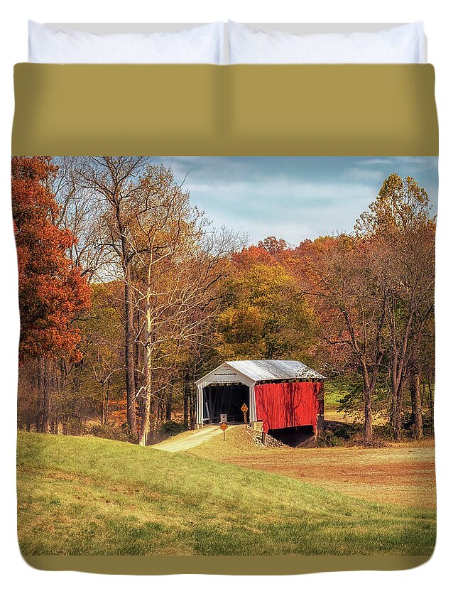 Parke County Covered Bridges Duvet Cover featuring the photograph Bowsher Ford Covered Bridge in Autumn - Parke County, IN by Susan Rissi Tregoning