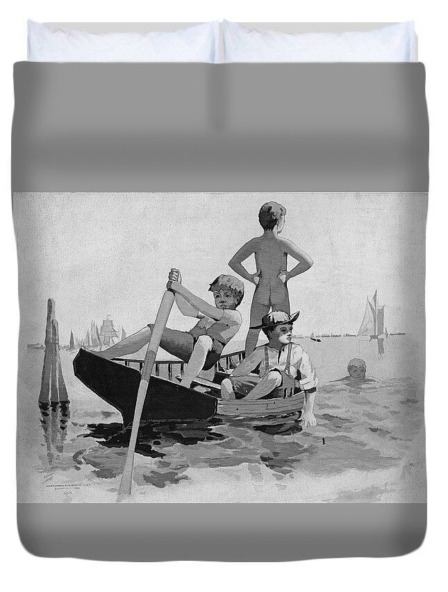 Winslow Homer Duvet Cover featuring the drawing Boys Swimming, Gloucester Harbor by Winslow Homer