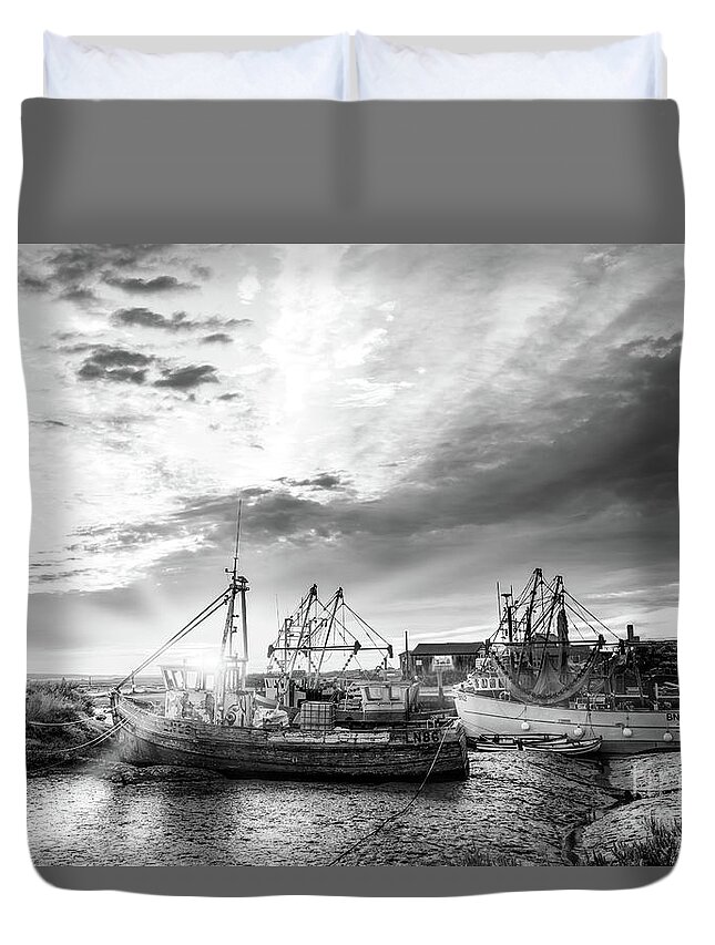Norfolk Duvet Cover featuring the photograph Brancaster Norfolk fishing trawlers at sunrise BW by Simon Bratt