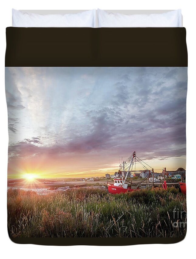 Norfolk Duvet Cover featuring the photograph Brancaster Staithe harbour boats at sunrise in Norfolk by Simon Bratt