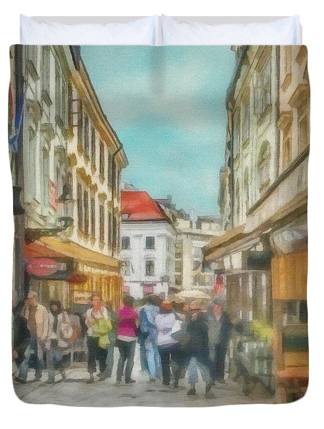 Bratislava Duvet Cover featuring the painting Bratislava Street Scene by Jeffrey Kolker