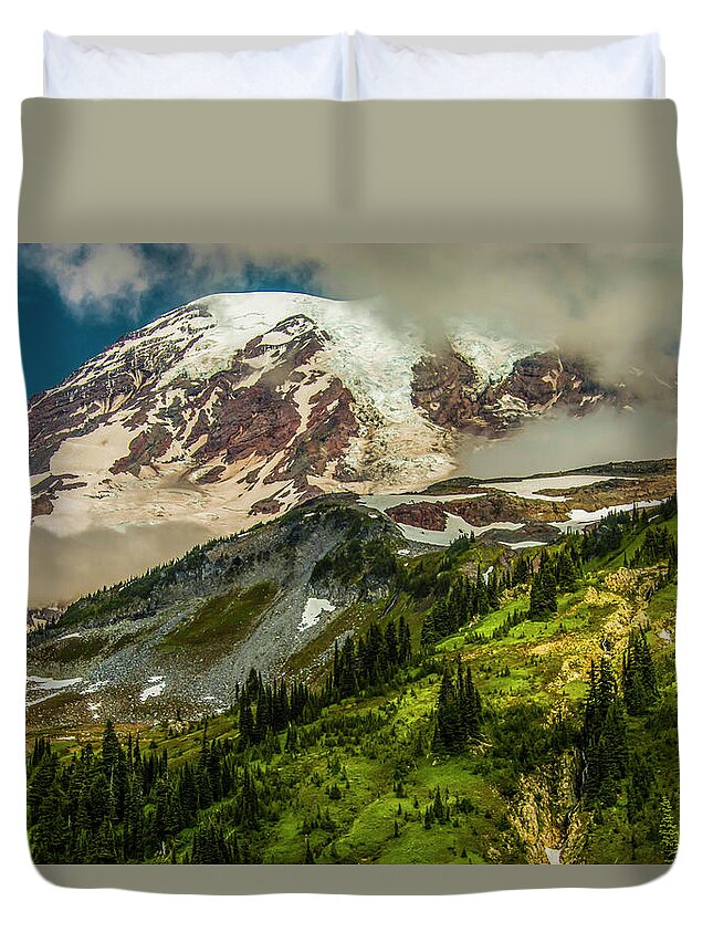 Mt Rainier Appearing From The Skyline Trail As The Fog Burns Away. Duvet Cover featuring the photograph Break on Through by Doug Scrima