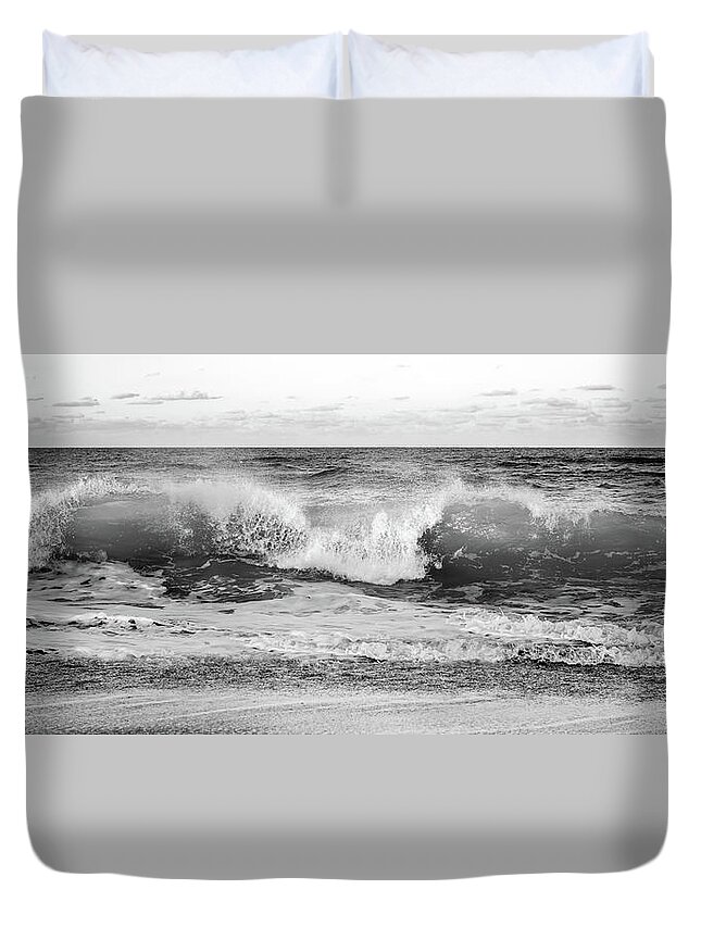 Wave Duvet Cover featuring the photograph Breaking Wave Panorama Black and White by Laura Fasulo