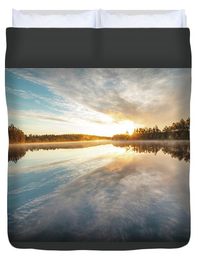 Lake Jatkonjärvi Duvet Cover featuring the photograph Breathtaking sunrise at Lake Jatkonjarvi by Vaclav Sonnek