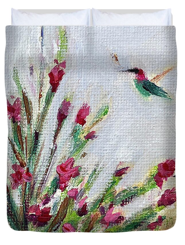 Hummingbird Duvet Cover featuring the painting Brendas Hummingbird at Lorenzi Estate Wines by Roxy Rich