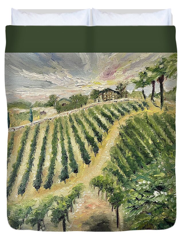 Vineyard Duvet Cover featuring the painting Brendas View at Lorenzi Estate Winery in Temecula by Roxy Rich