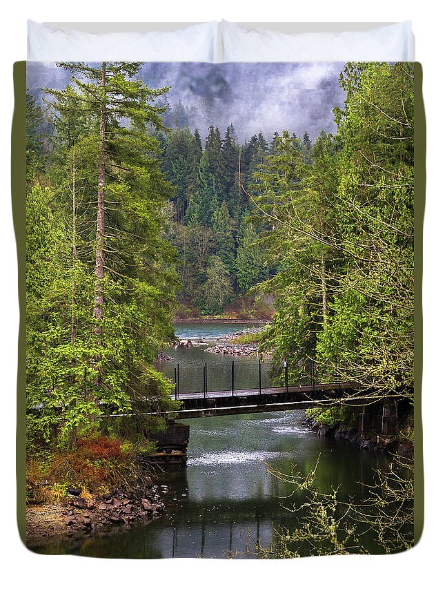 Alex Lyubar Duvet Cover featuring the photograph Bridge over the forest stream by Alex Lyubar