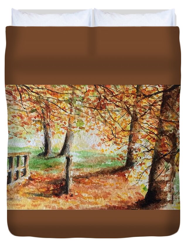 Autumn Duvet Cover featuring the painting Bridge through Autumn leaves by Lizzy Forrester
