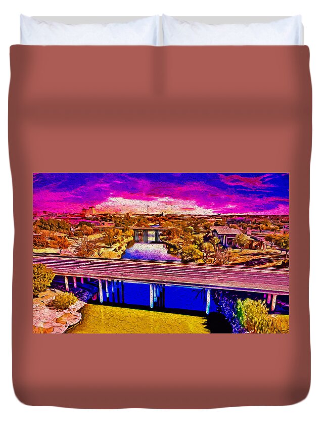 Concho River Duvet Cover featuring the digital art Bridges over the Concho River in San Angelo at sunset - digital painting by Nicko Prints