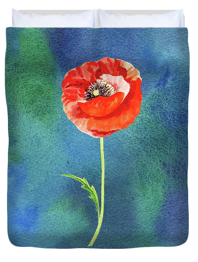 Poppy Duvet Cover featuring the painting Bright Beautiful Red Poppy Flower Happy Wildflower On Blue Watercolor IV by Irina Sztukowski