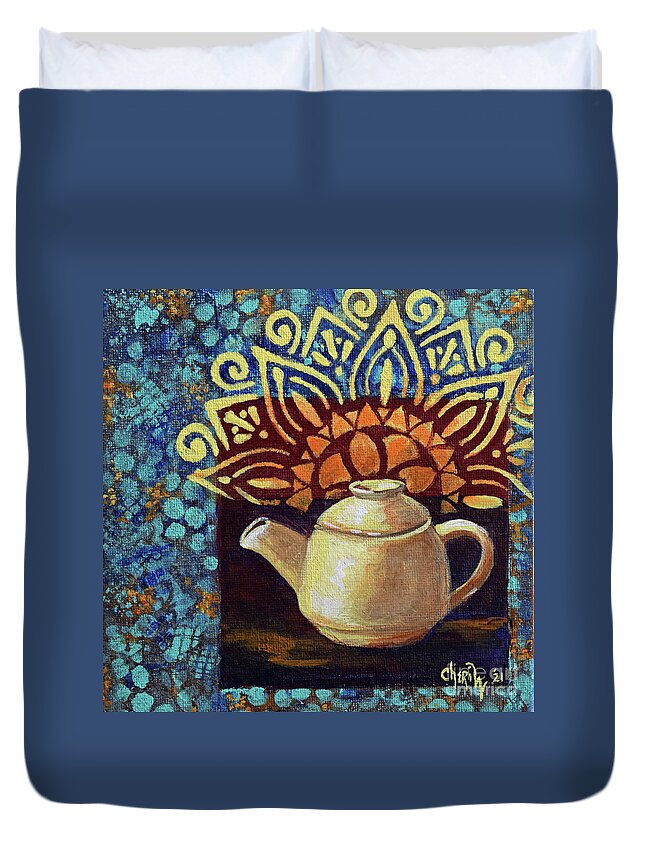 Teapot Print Duvet Cover featuring the mixed media Bright Morning Teapot by Cheri Wollenberg