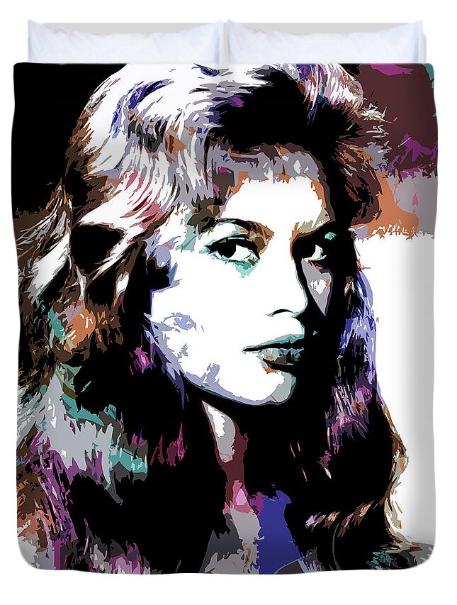 Brigitte Duvet Cover featuring the digital art Brigitte Bardot psychedelic portrait by Movie World Posters