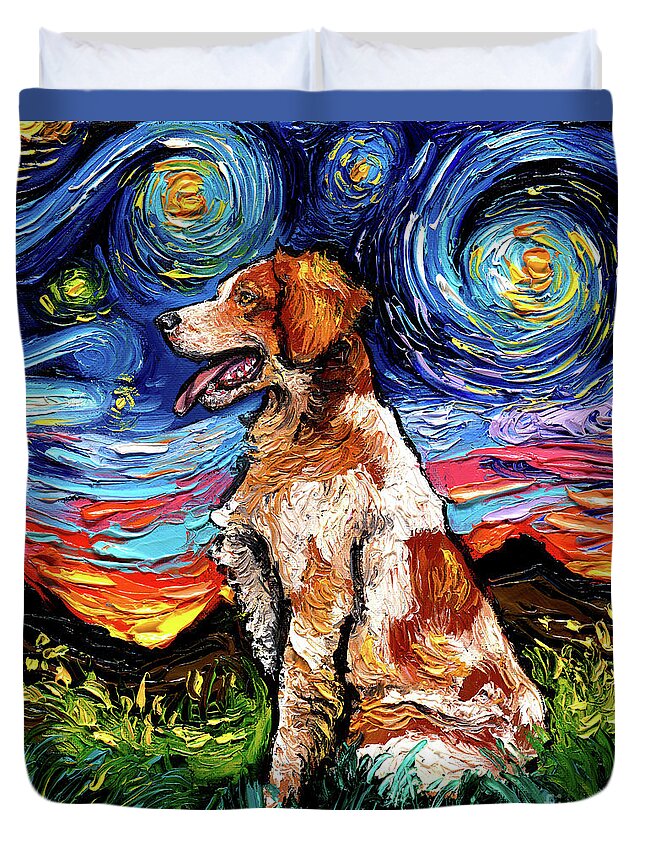Starry Night Dog Duvet Cover featuring the painting Brittany Spaniel Night by Aja Trier