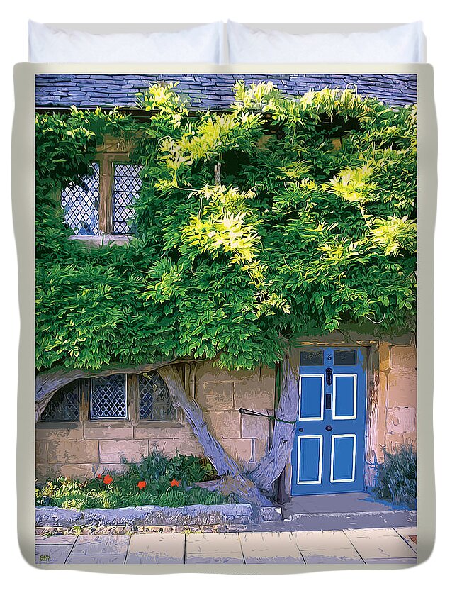 Cotswolds Duvet Cover featuring the photograph Broadway Blue Door Cream Railway Poster by Brian Watt
