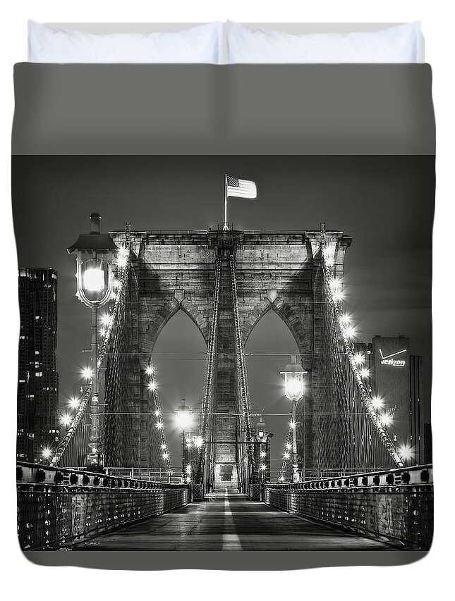 America Duvet Cover featuring the photograph Brooklyn Bridge at night by Eduard Moldoveanu