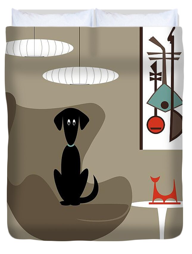 Mid Century Modern Duvet Cover featuring the digital art Brown Egg Chair with Black Dog by Donna Mibus