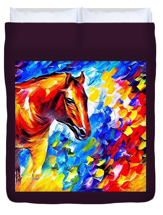 Horse Duvet Cover featuring the digital art Brown horse portrait on a colorful blue, red and yellow background by Nicko Prints