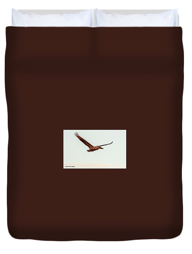 Pelican Duvet Cover featuring the photograph Brown Pelican in Flight 2 by Tahmina Watson