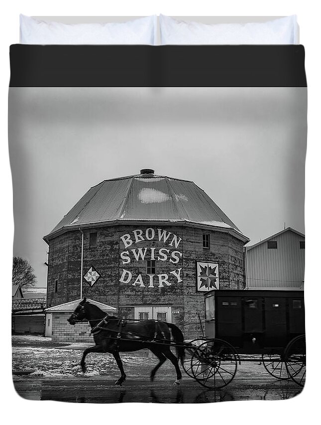 Landscape Duvet Cover featuring the photograph Brown Swiss Dairy Round Barn In Black And White by Scott Smith