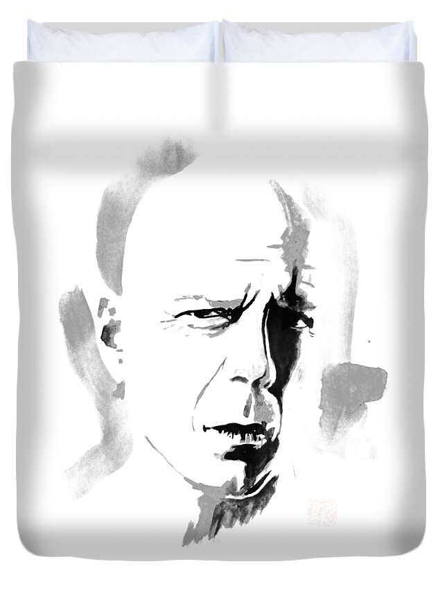 Bruce Willis Duvet Cover featuring the painting Bruce Willis by Pechane Sumie