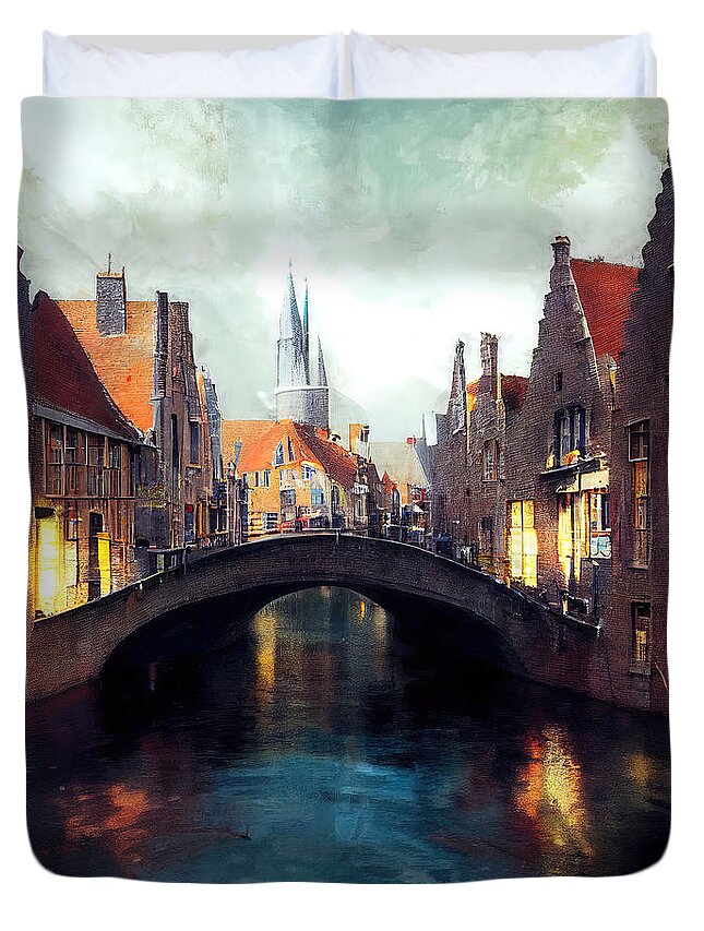 Belgium Duvet Cover featuring the painting Bruges, Belgium - 16 by AM FineArtPrints